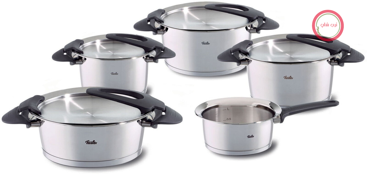 سرویس قابلمه 5 پارچه فیسلر آلمان اینتنسا Fissler Intensa با درب فلزی (3 قابلمه، 1 قابلمه کوچک، 1 تابه - بدون درب) سازگار با اجاق القایی